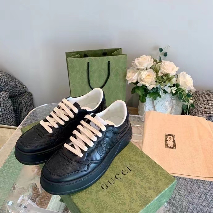 Gucci Unisex Ace GG Embossed Sneaker Black GG Embossed Leather Rubber Sole