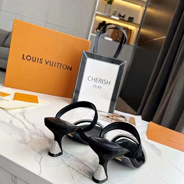 Louis Vuitton LV Women Sparkle Sandal Black Satin Strass Leather 9.5 Cm Heel