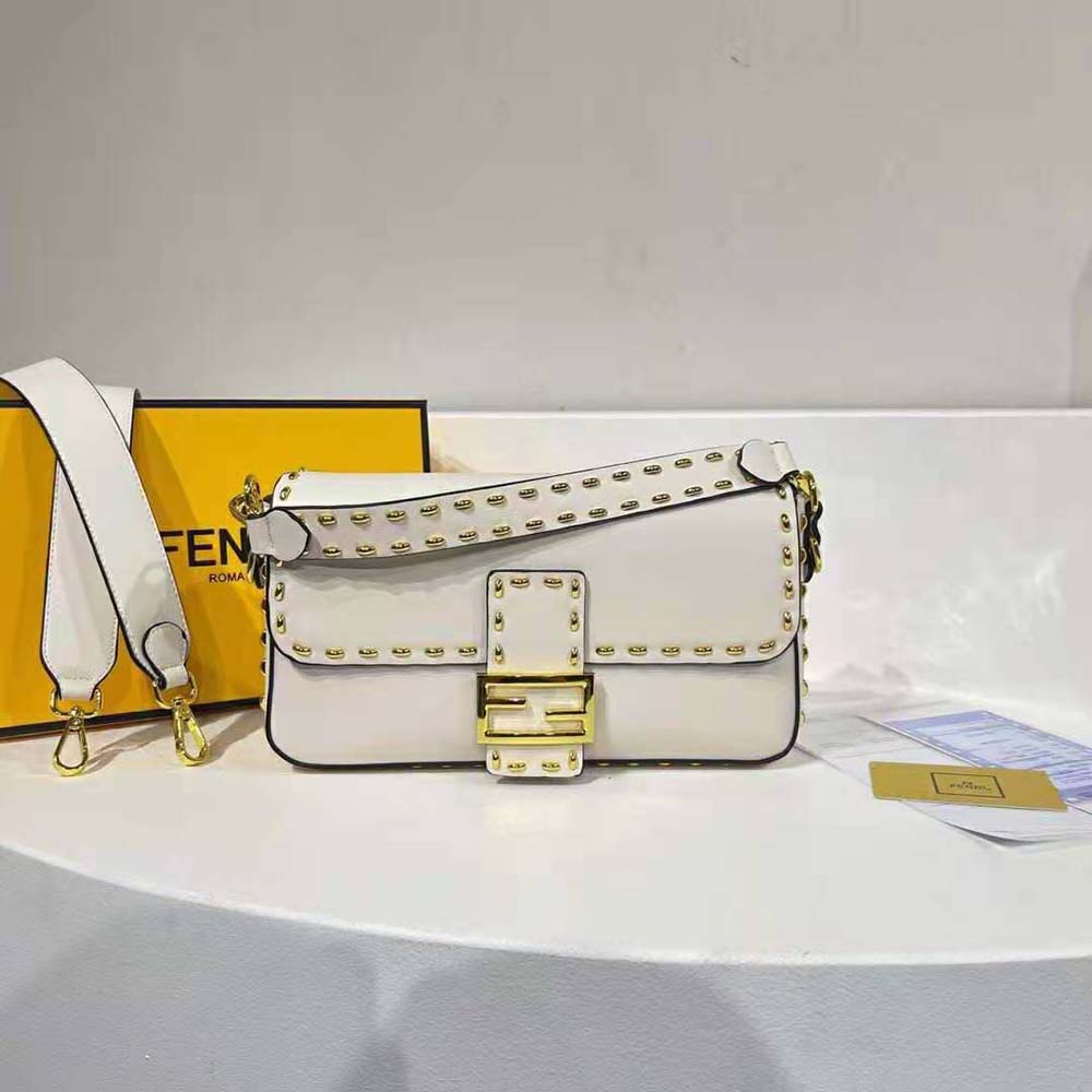 Fendi Women Conic Medium Baguette White Leather Bag