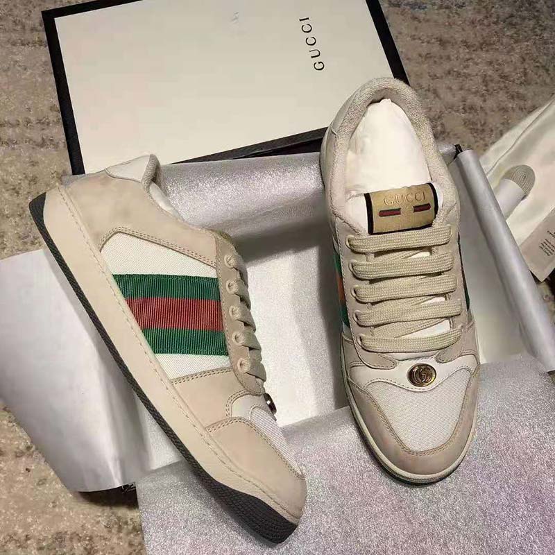 Gucci GG Unisex Screener Leather Sneaker Off-White Leather White Nylon