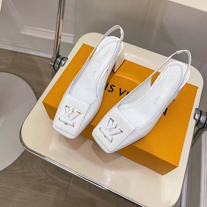 Louis Vuitton LV Women Shake Slingback Pump White Patent Calf Leather Lambskin 5.5 Cm Heel