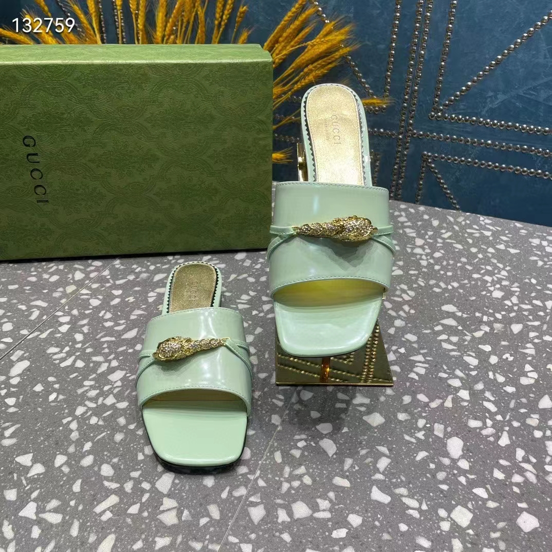 Gucci Women GG Slide Sandal Tiger Head Light Green Leather Flat