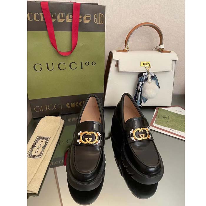 Gucci Women GG Lug Sole Interlocking G Loafer Black Patent Leather Low Heel Rubber