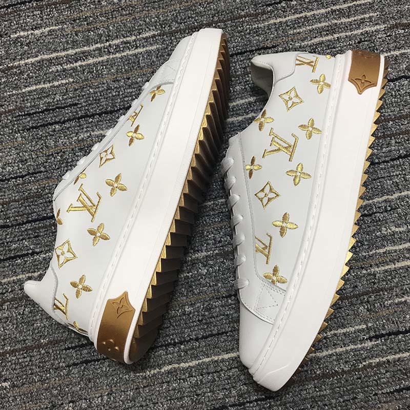 Louis Vuitton Unisex LV Time Out Sneaker Gold White Embroidered Calf Leather