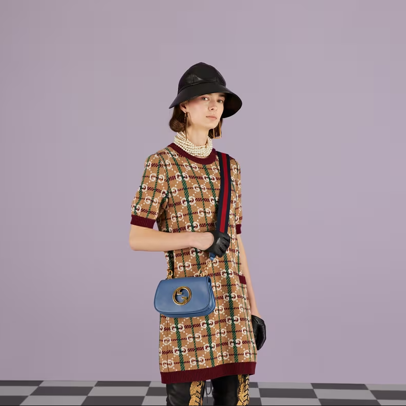 Gucci Women GG Blondie Mini Bag Light Blue Leather Round Interlocking G