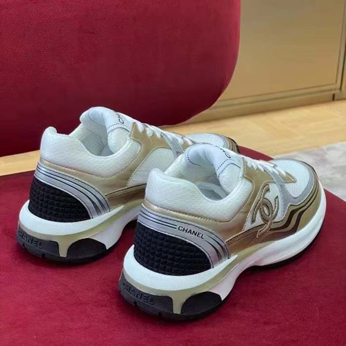 Chanel Women CC Sneakers Fabric Laminated White Gold Silver 1 Cm Heel