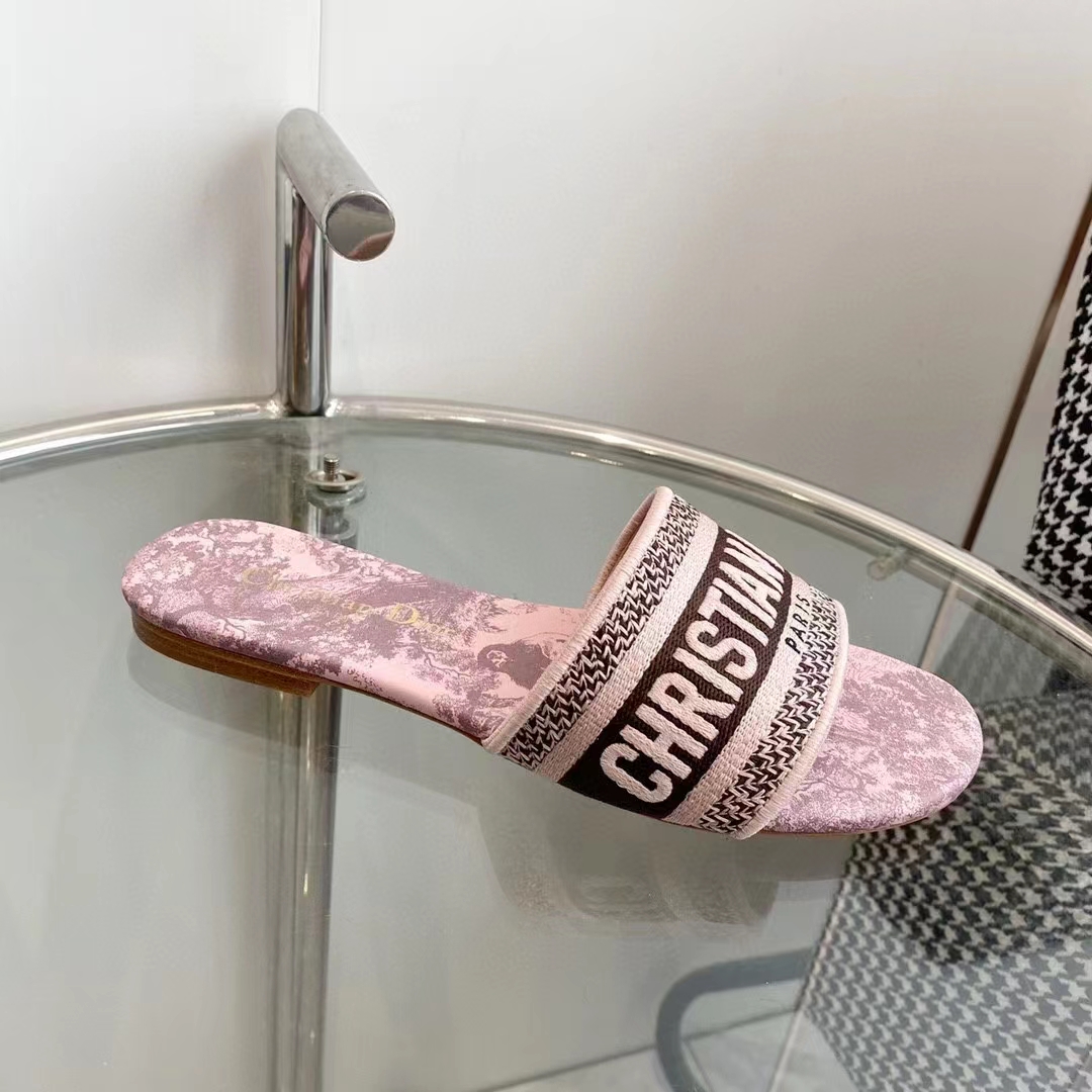 Dior Unisex CD Dway Slide Pink Gray Embroidered Cotton Toile De Jouy Sauvage