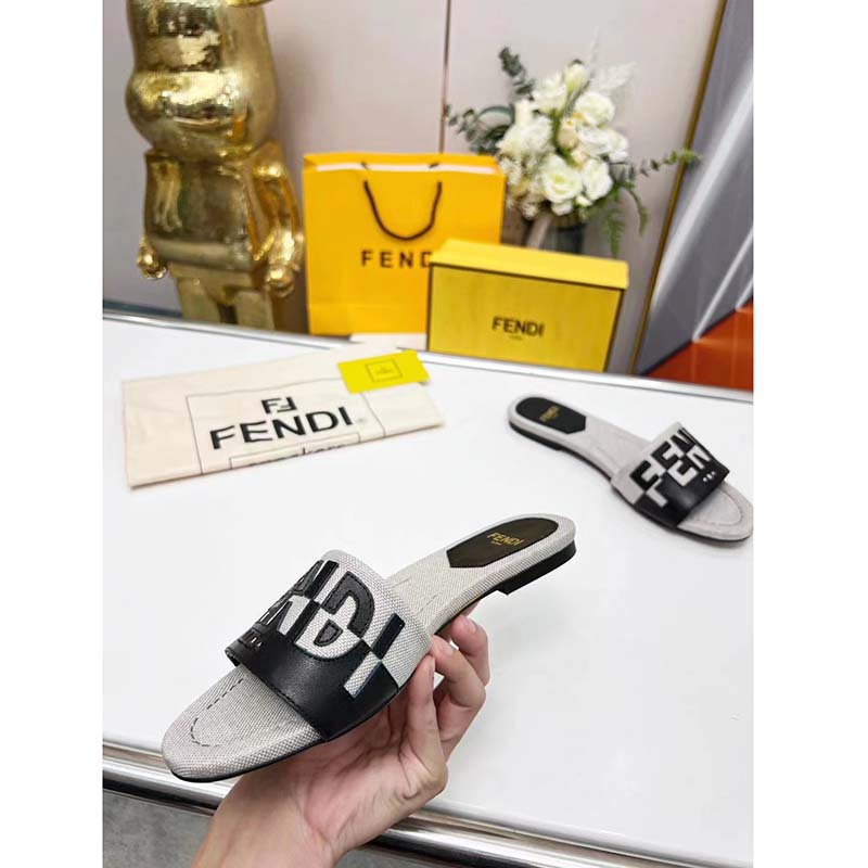 Fendi Women FF Signature Canvas Black Leather Slides 1 Cm Heel