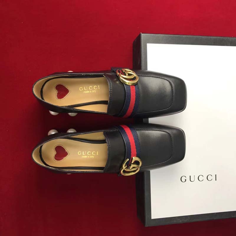 Gucci Women Leather Mid-Heel Loafer with Blue and Red Web-Black