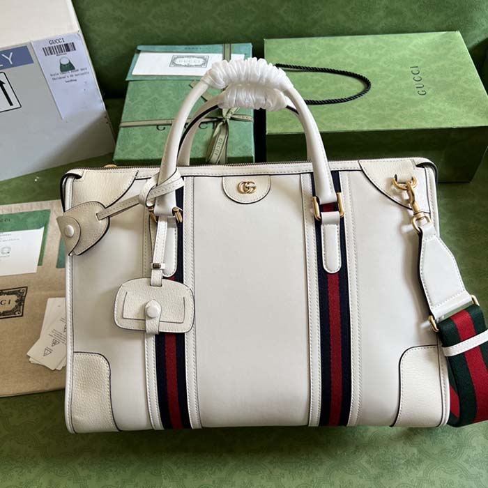 Gucci Unisex GG Bauletto Medium Top Handle Bag White Leather Double G