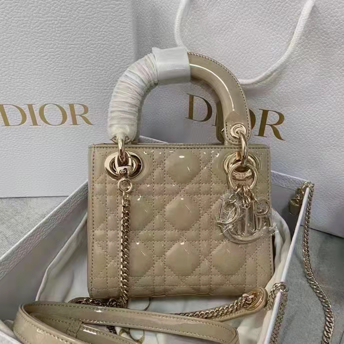 Dior Women CD Mini Lady Dior Bag Pale Yellow Patent Cannage Calfskin