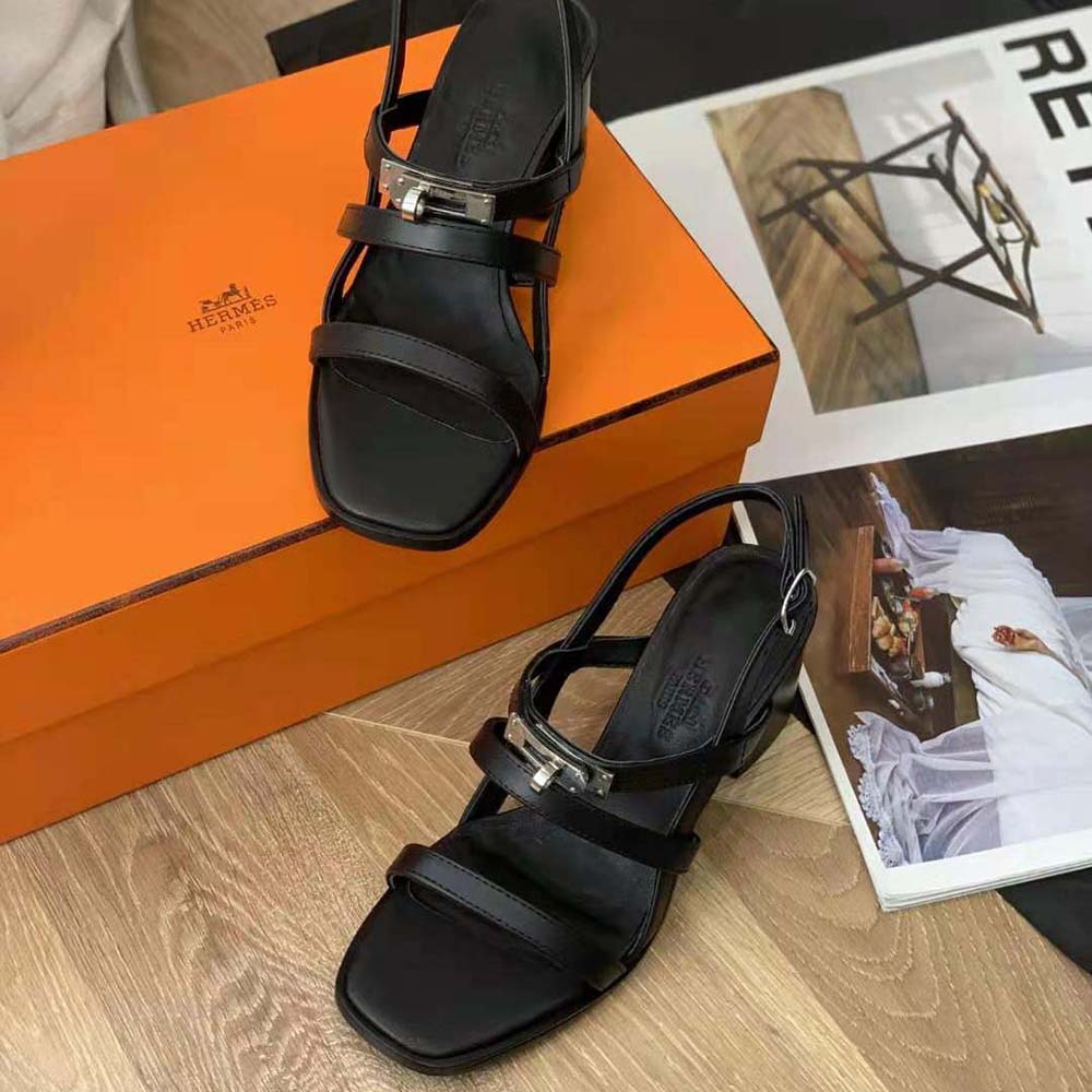 Hermes Women Eve 60 Sandal in Calfskin Leather-Black