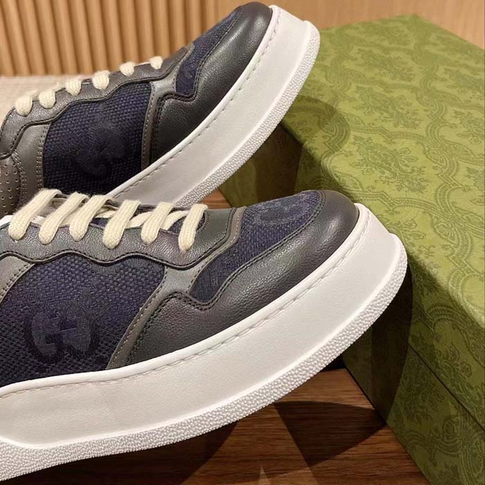 Gucci Unisex GG Lace Up Sneaker Grey Leather Blue Black GG Canvas