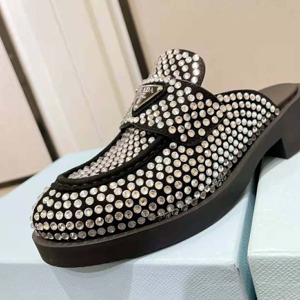 Prada Women Satin Mules with Crystals in 40mm Heel Height-Black