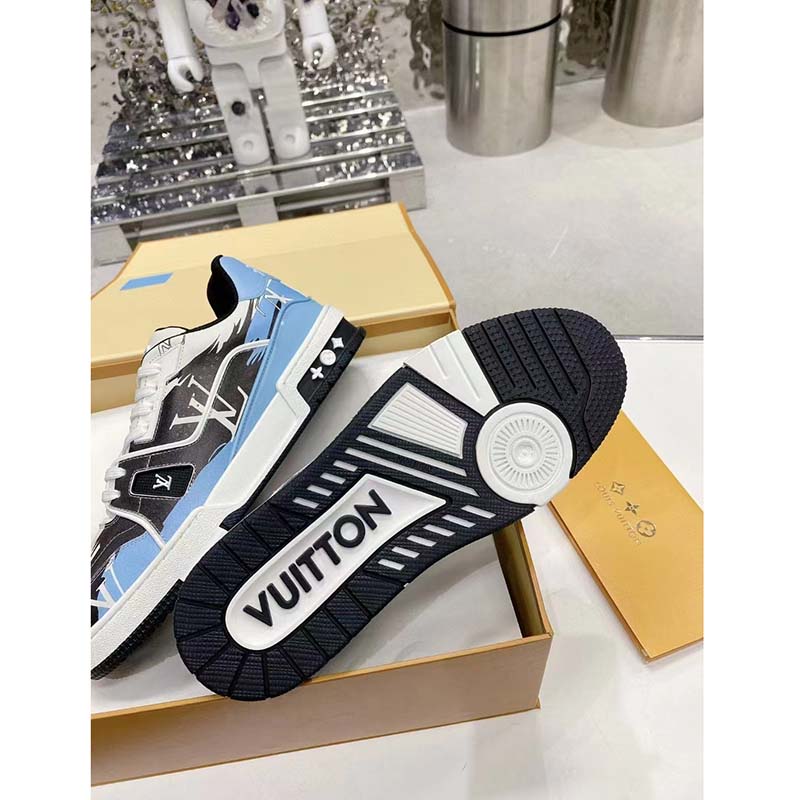 Louis Vuitton Unisex LV Trainer Sneaker Black Printed Calf Leather Rubber Monogram Flowers