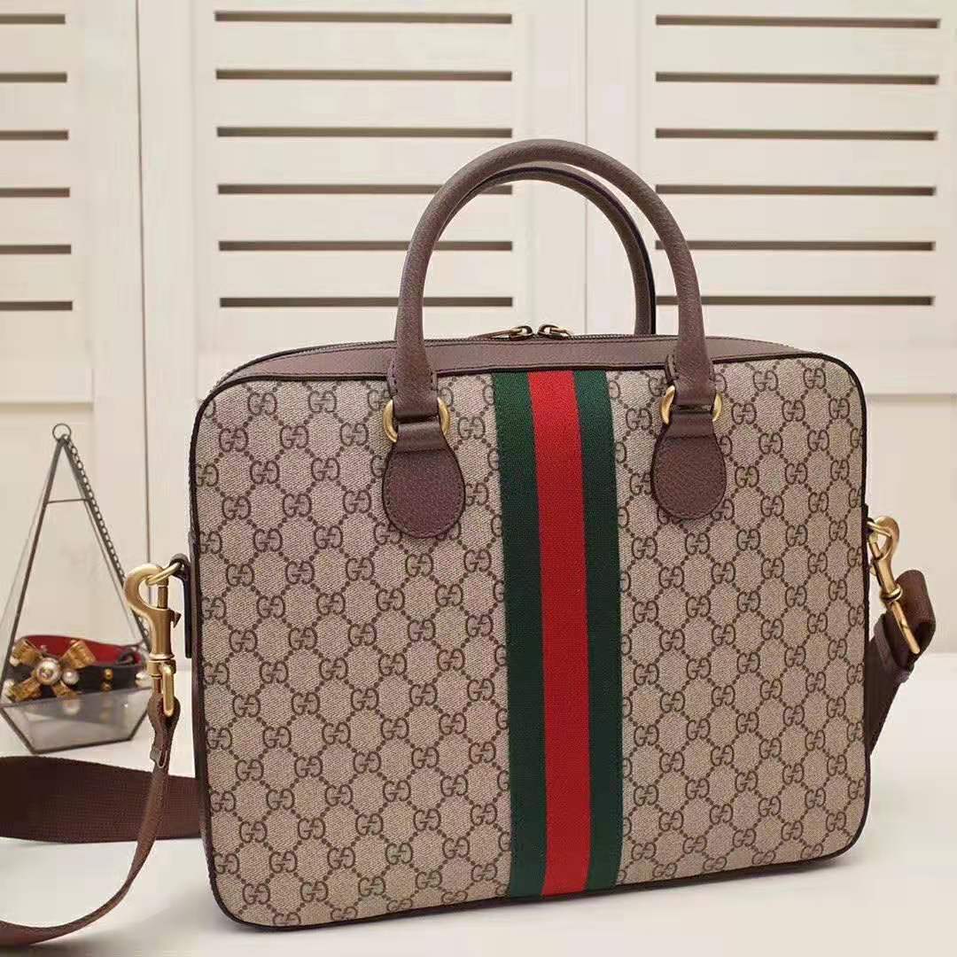 Gucci GG Men Ophidia GG Briefcase in Beige/Ebony Soft GG Supreme Canvas