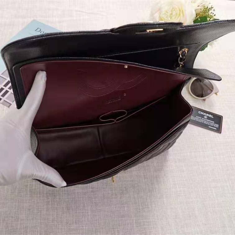 Chanel Women Large Classic Handbag in Grained Calfskin Leather-Black