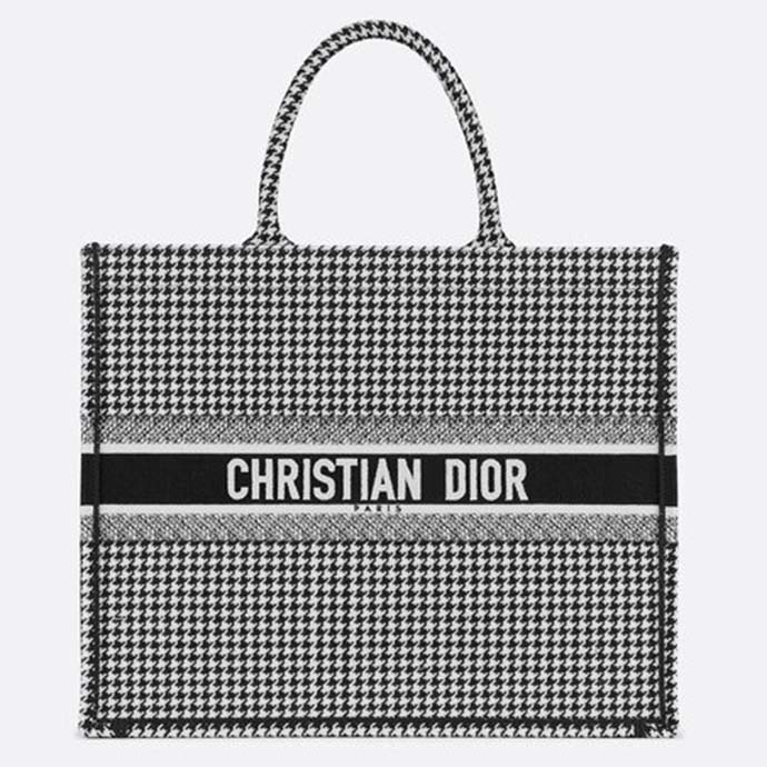 Dior Women Dior Book Tote Black and White Houndstooth Embroidery