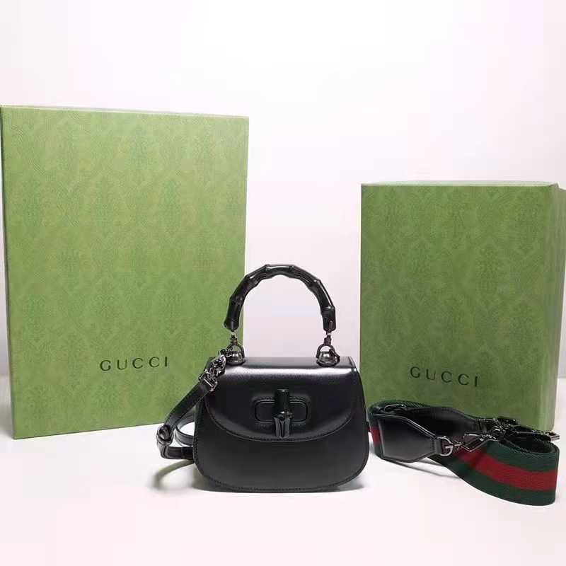 Gucci Women Bamboo 1947 Mini Top Handle Bag Black Leather Bamboo Hardware