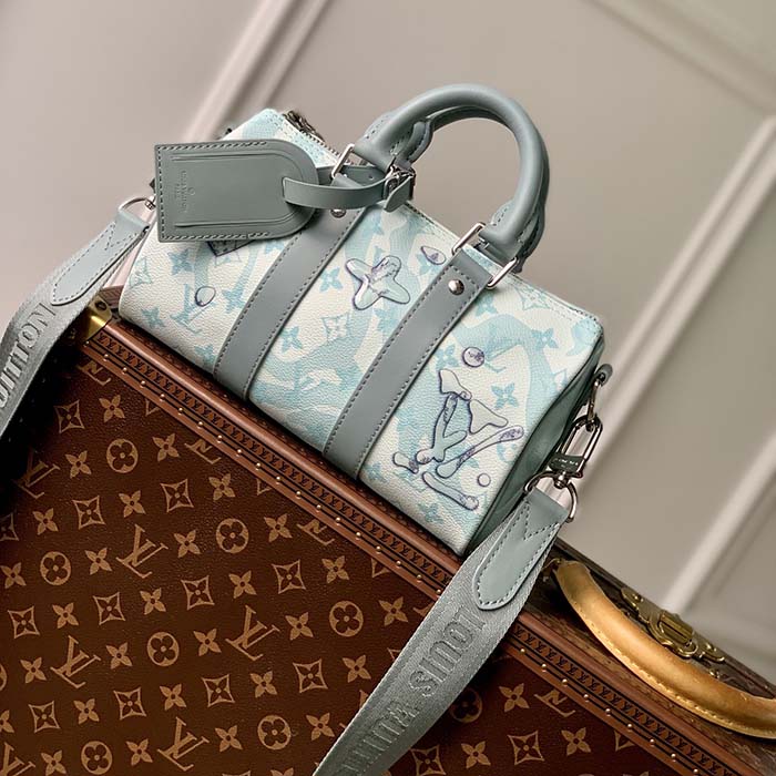 Louis Vuitton LV Unisex Keepall Bandoulière 25 Crystal Blue Monogram Aquagarden Coated Canvas