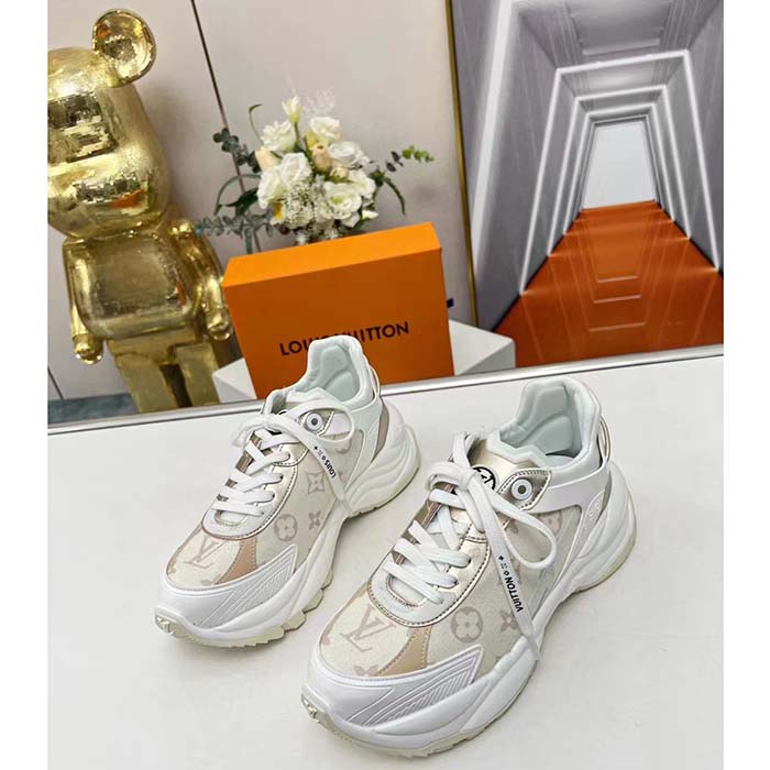 Louis Vuitton LV Unisex Run 55 Sneaker Beige Monogram Denim Lifted Rubber Outsole
