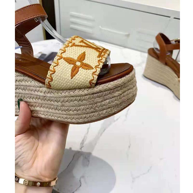 Louis Vuitton Women Boundary Wedge Sandal Raffia and Tan Calf Leather