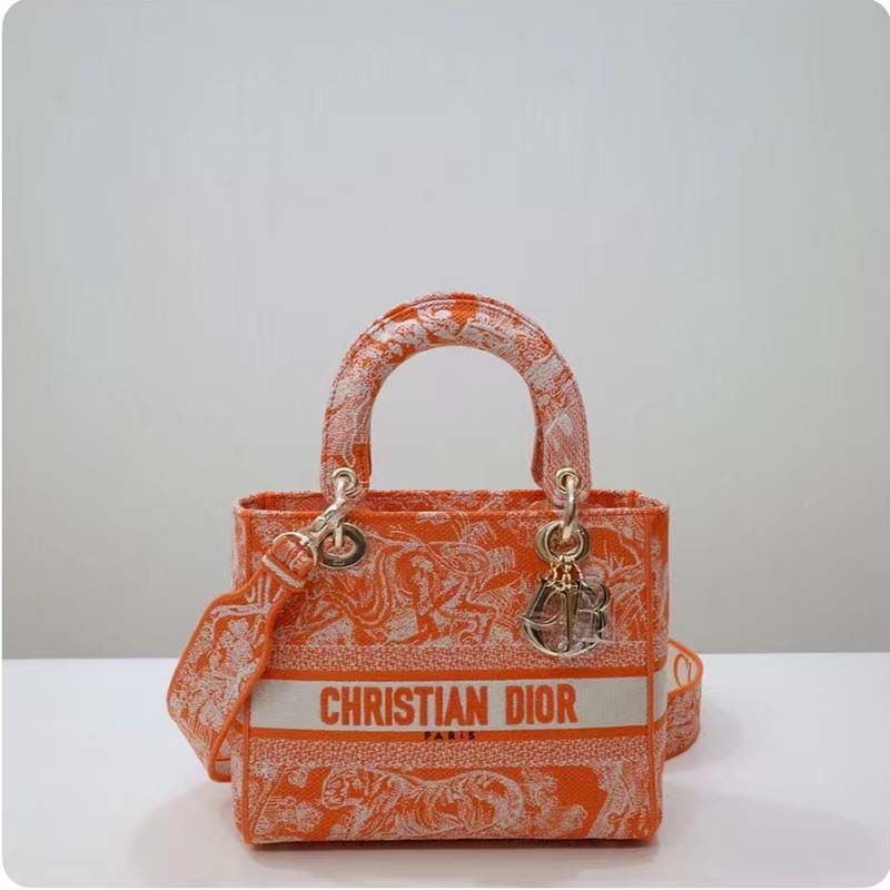 Dior Women Medium Lady D-Lite Bag Fluorescent Orange Toile De Jouy Reverse Embroidery