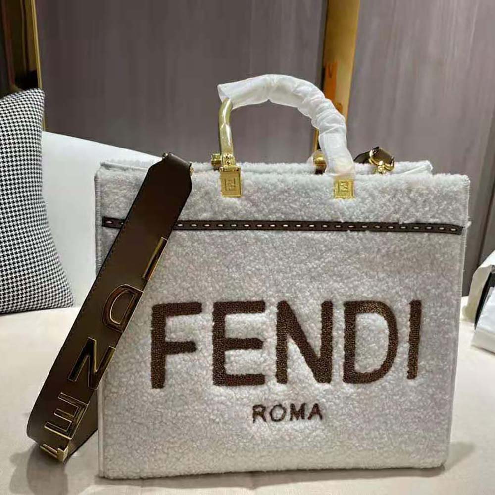 Fendi Women Sunshine Medium White Sheepskin Shopper
