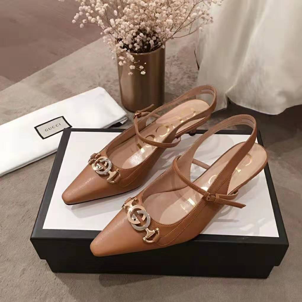 Gucci Women Zumi Leather Low-Heel Slingback Pump 4.6cm Height-Brown