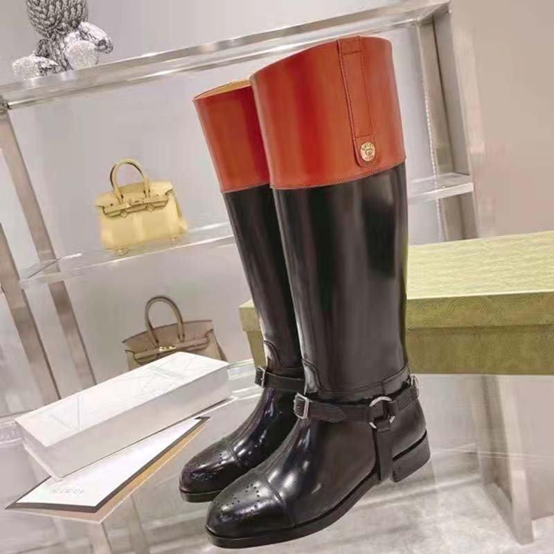 Gucci GG Women Knee-High Boot Harness Black Brown Leather Interlocking G
