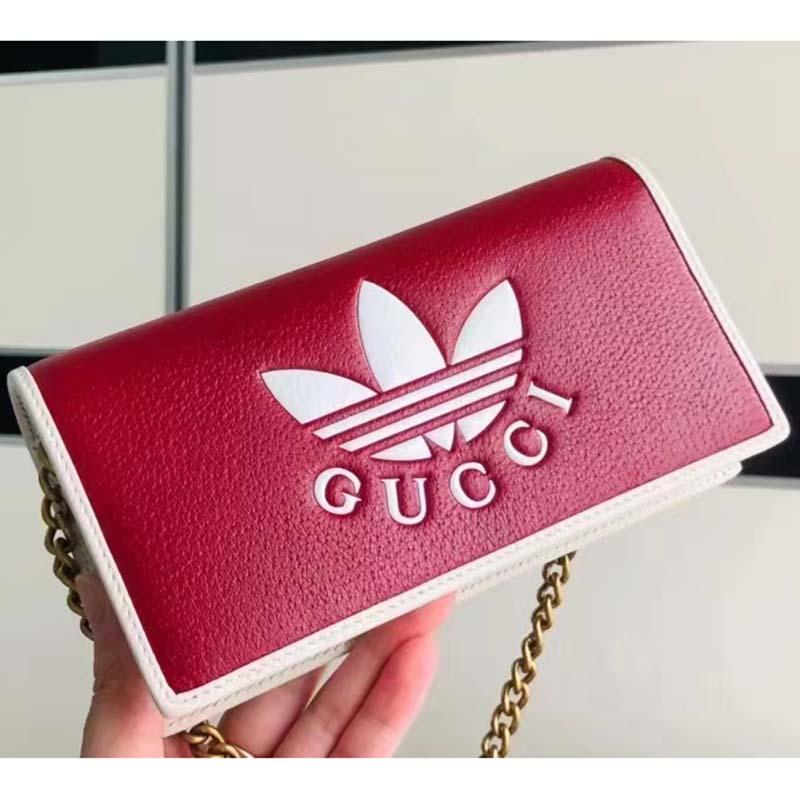 Gucci Women GG Adidas x Gucci Wallet Chain Red Off-White Leather Interlocking G