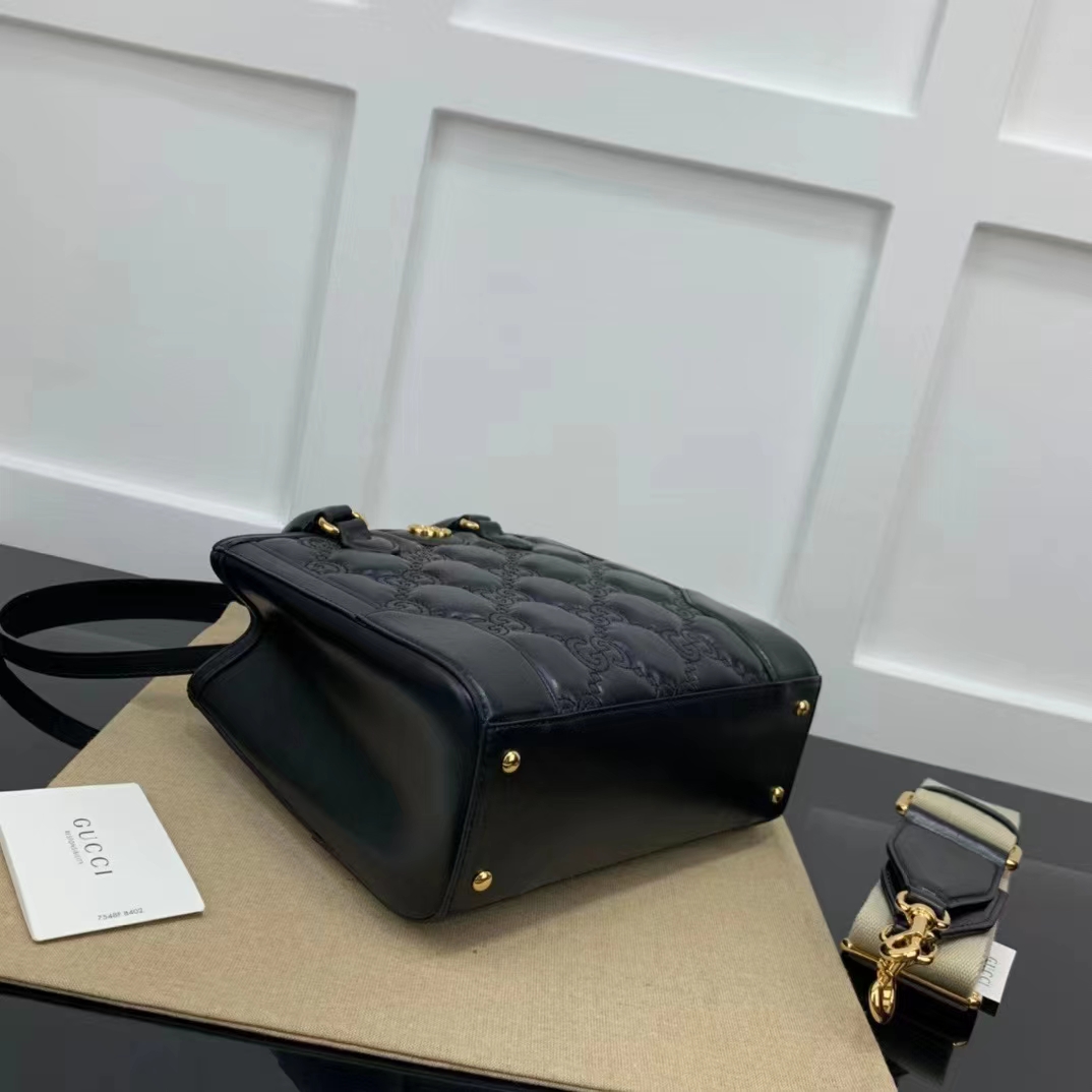 Gucci Women GG Matelassé Mini Top Handle Bag Black Leather Double G