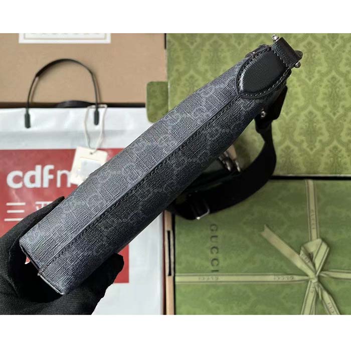 Gucci Unisex Messenger Bag Interlocking G Black GG Supreme Canvas Black Leather