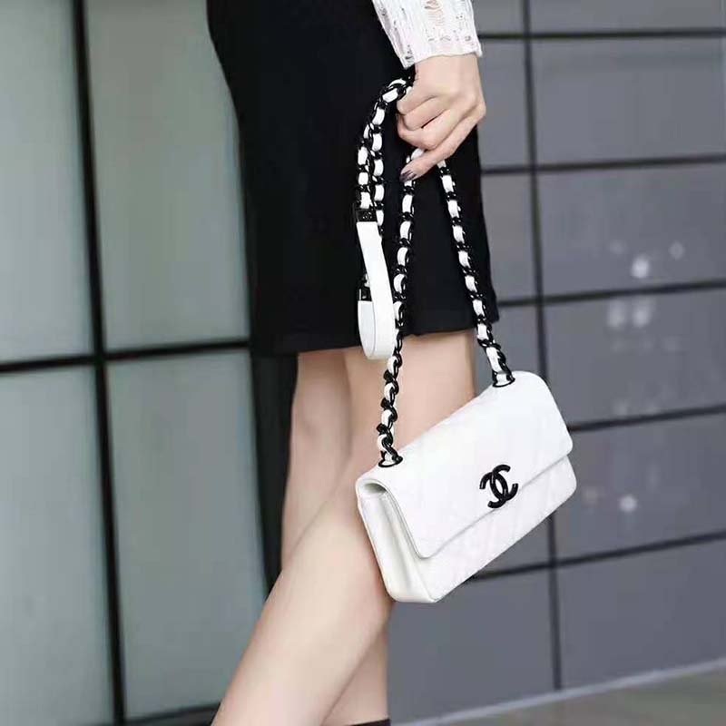 Chanel Women Small Flap Bag Grained Calfskin Lacquered Metal White Black