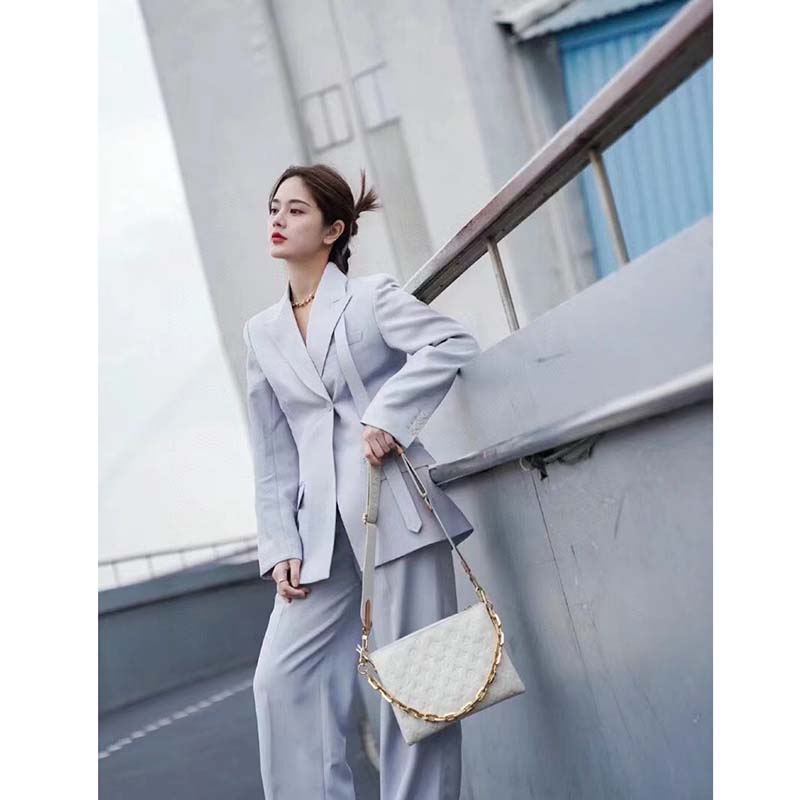 Louis Vuitton LV Women Coussin PM Handbag Cream Monogram-Embossed Puffy Lambskin Calfskin