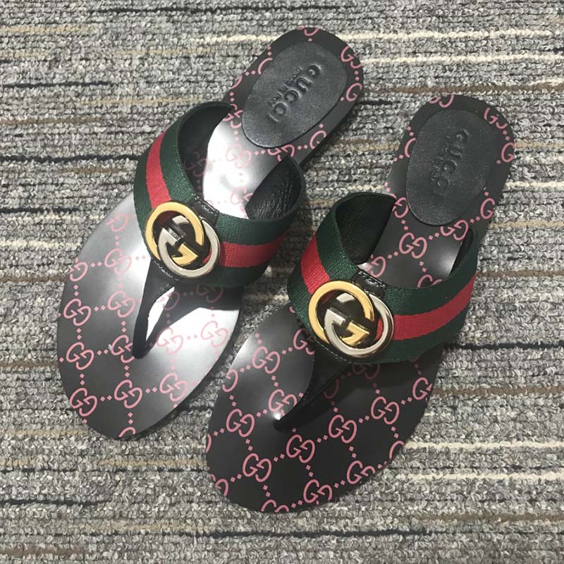 Gucci Unisex GG Thong Web Sandal Interlocking G Leather Sole Square Toe Flat