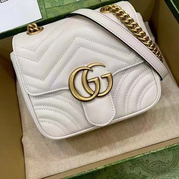 Gucci Women GG Marmont Matelassé Mini Shoulder Bag White Chevron Leather