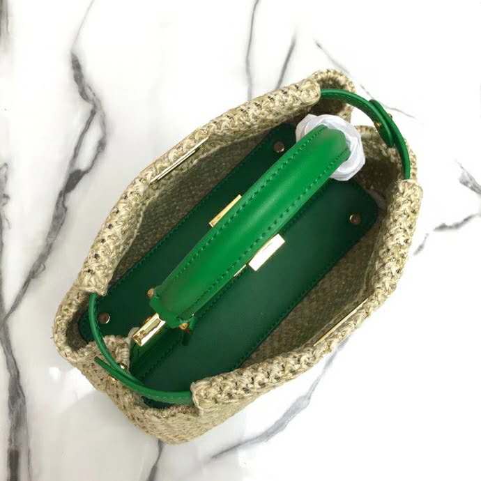 Fendi Women Peekaboo Iconic Mini Natural Raffia Bag Green Nappa