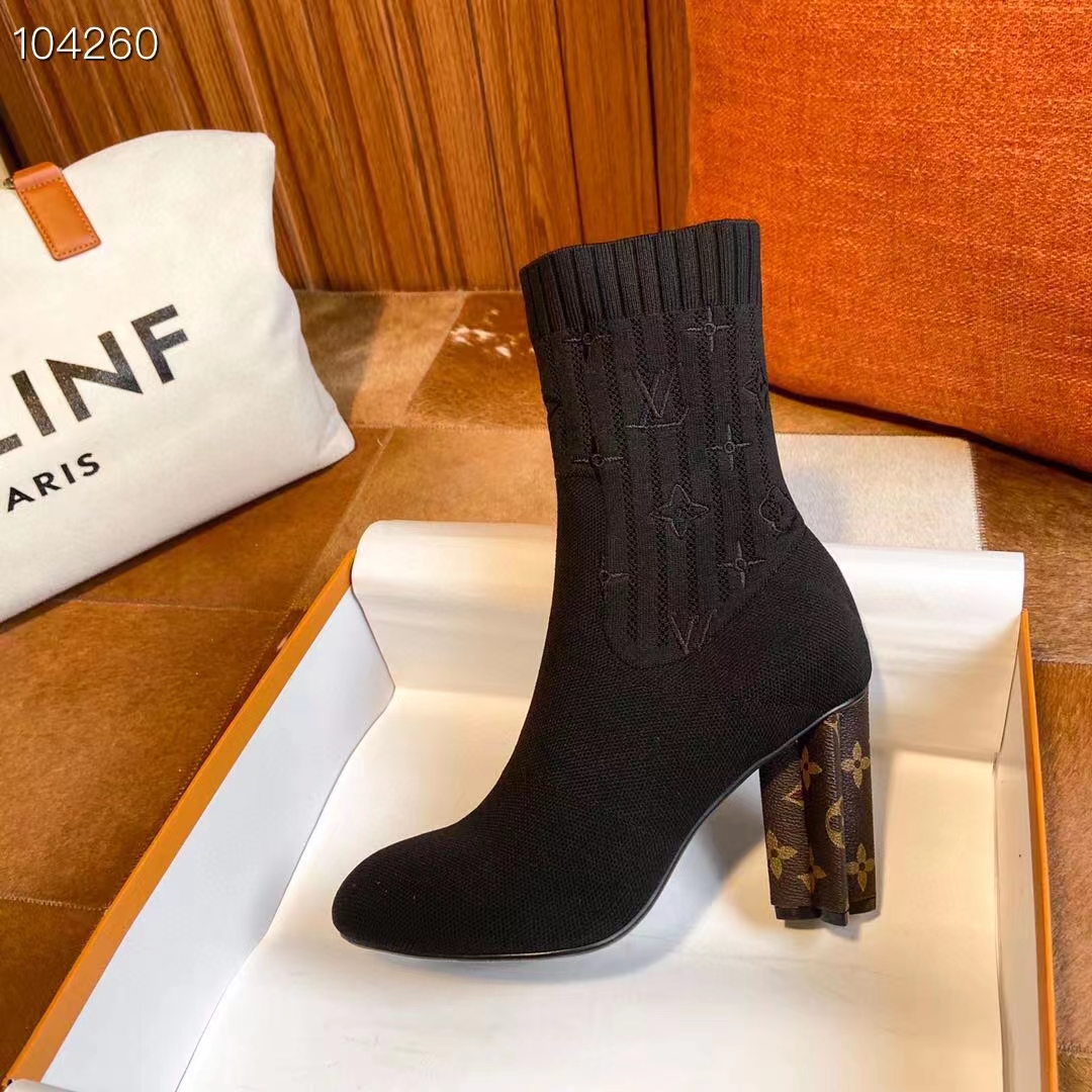 Louis Vuitton LV Women Silhouette Ankle Boot Black Stretch Textile Patent Monogram Canvas
