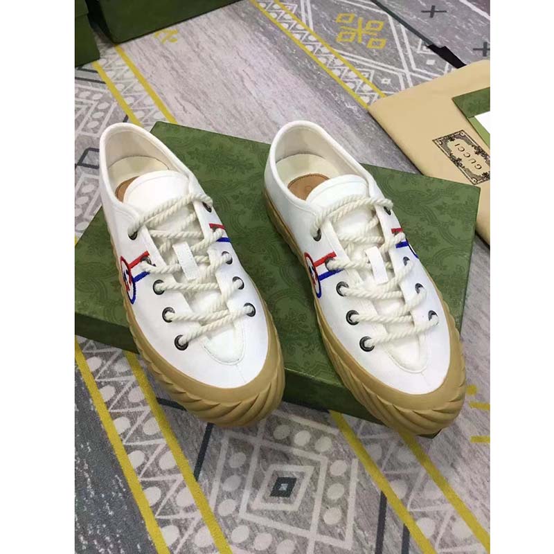 Gucci Unisex Interlocking G Sneaker Beige Cotton Rubber Sole Lace-Up Closure Flat