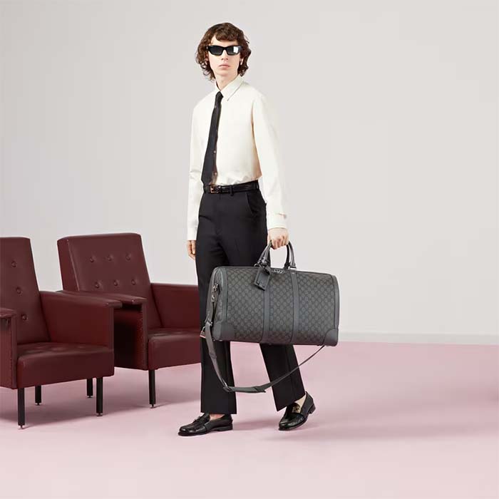 Gucci Unisex Savoy Large Duffle Bag Grey Black GG Supreme Canvas Double G