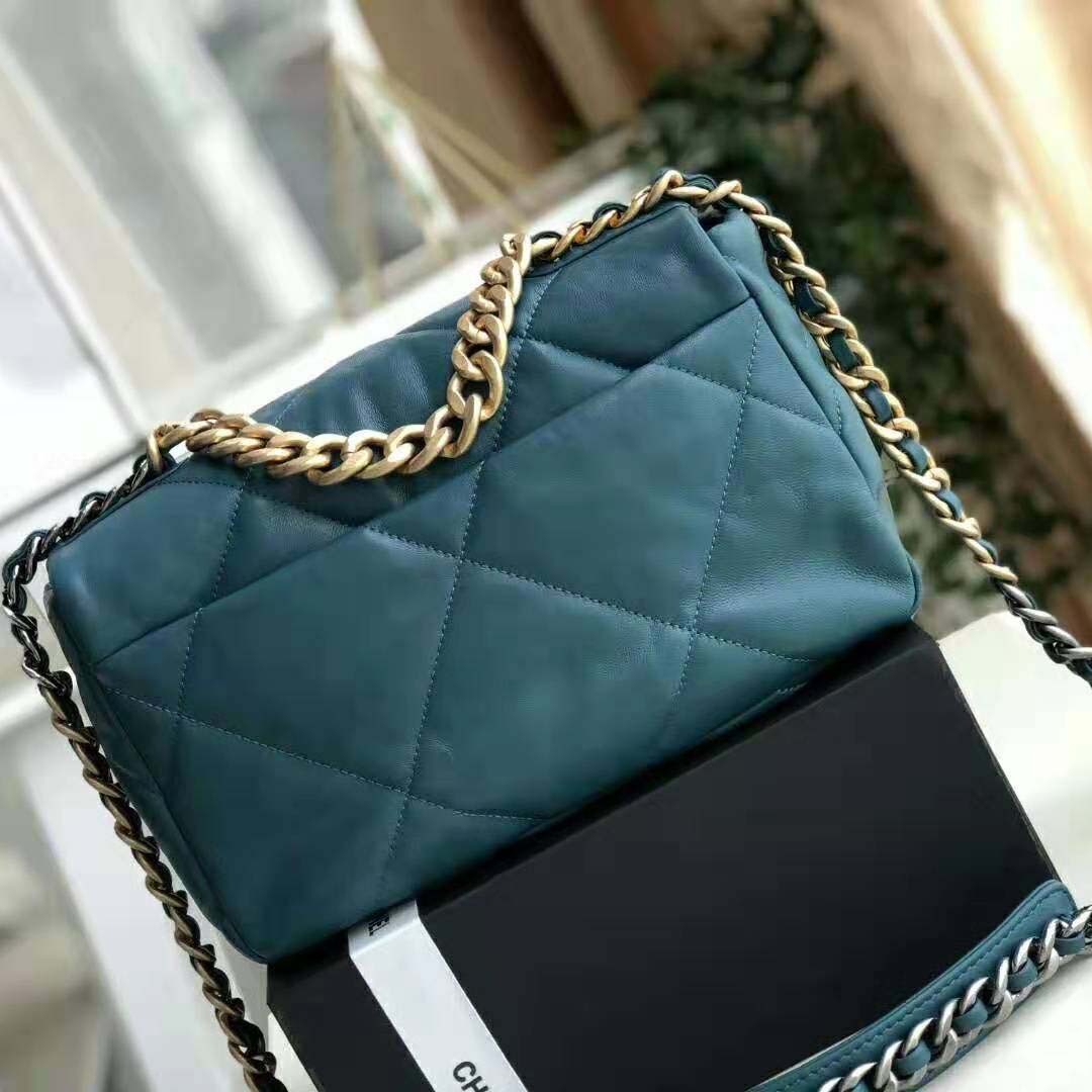 Chanel Women 19 Large Flap Bag in Goatskin Leather-Blue
