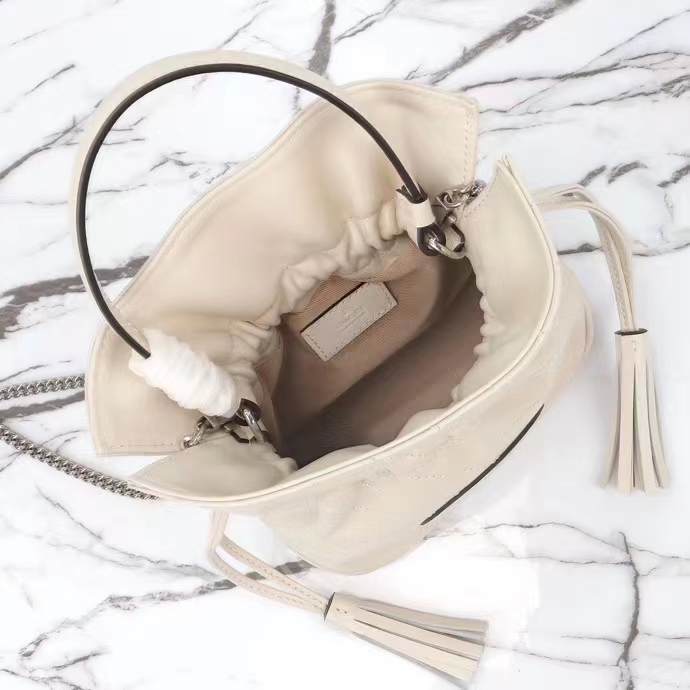 Gucci Women GG Blondie Mini Bucket Bag White Leather Round Interlocking G