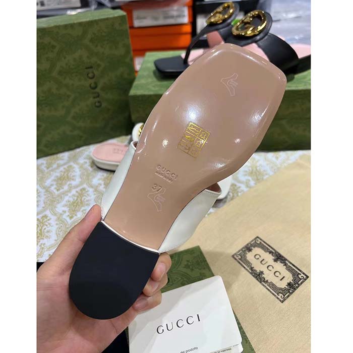 Gucci Women GG Blondie Thong Sandal White Leather Round Interlocking G 1.5 CM Heel