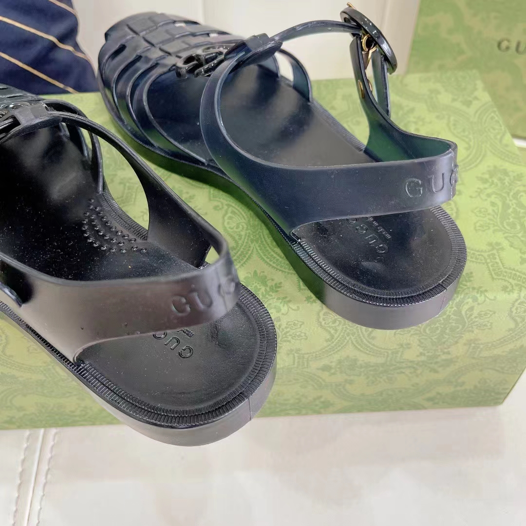 Gucci Unisex GG Sandal Double G Black Rubber Sole Ankle Buckle Flat