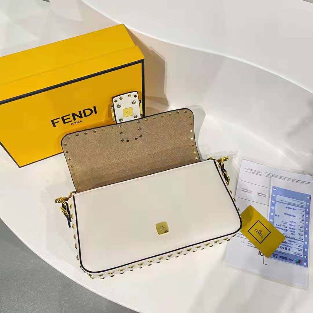 Fendi Women Conic Medium Baguette White Leather Bag