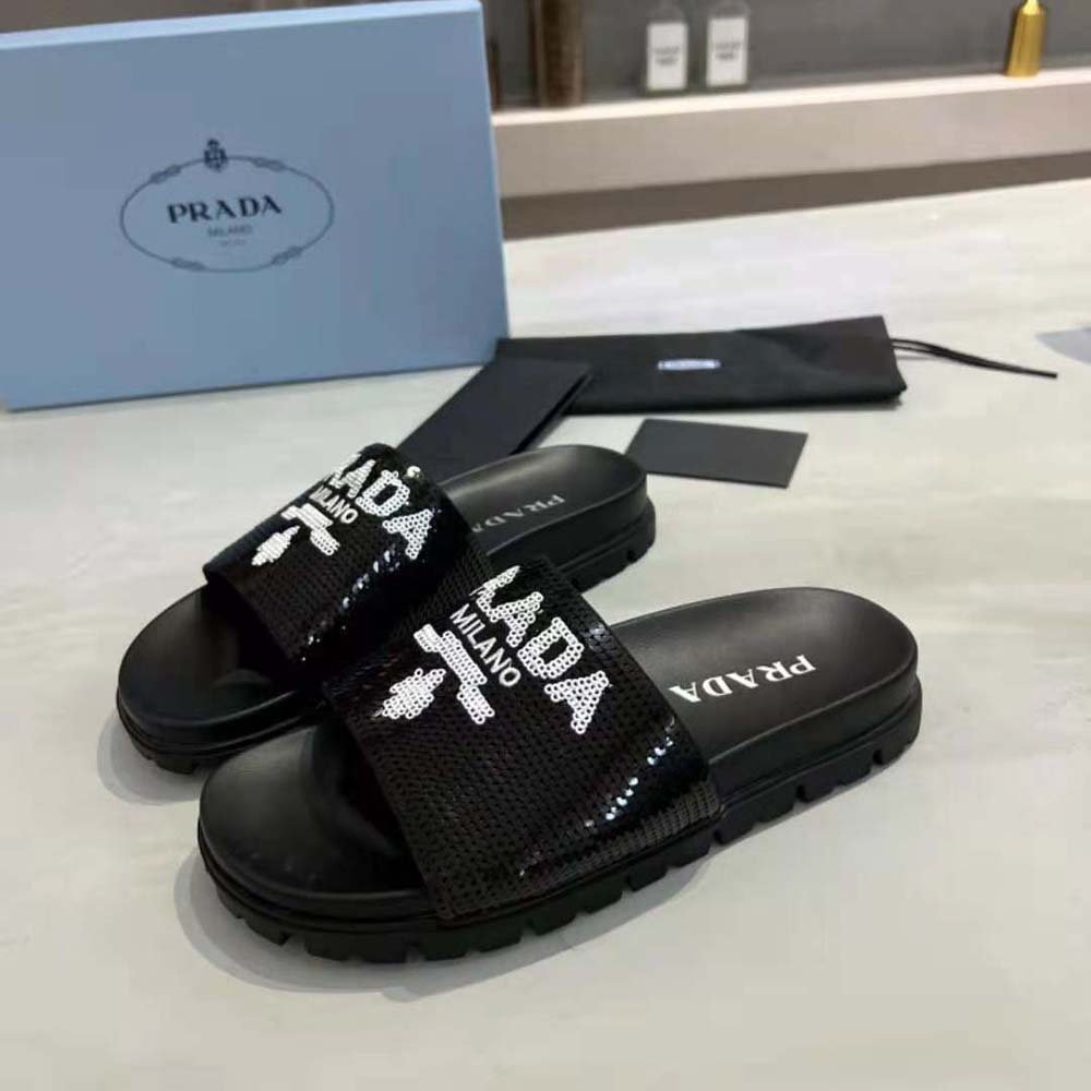 Prada Women Sequin Slides with Rubber Lug Sole are Covered All Over with Embroidered Sequins