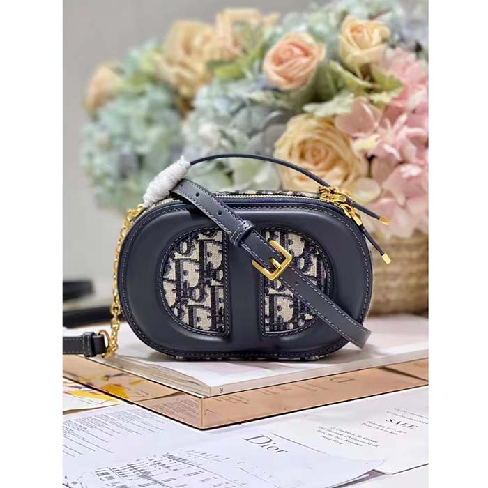 Dior Women CD Signature Oval Camera Bag Blue Navy Dior Oblique Jacquard