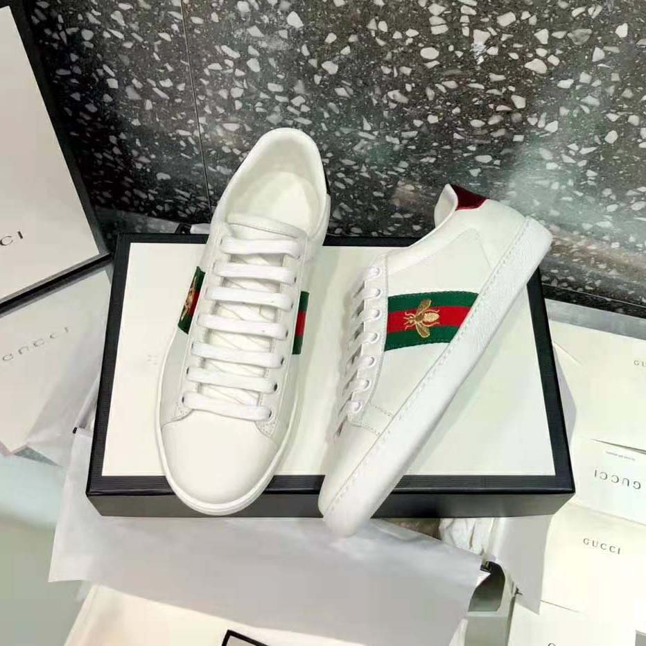 Gucci Men Ace Embroidered Sneaker Bee in White