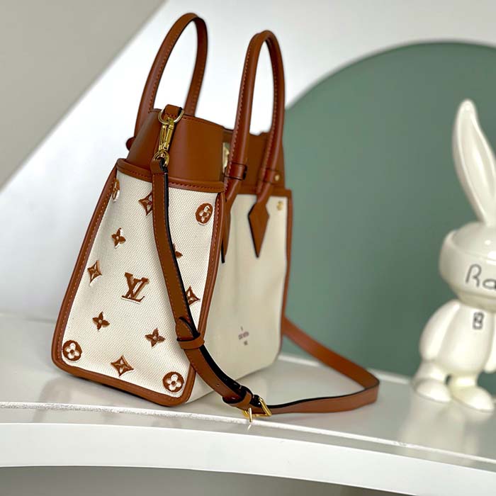 Louis Vuitton Women LV On My Side MM Tan Canvas Smooth Cowhide Leather